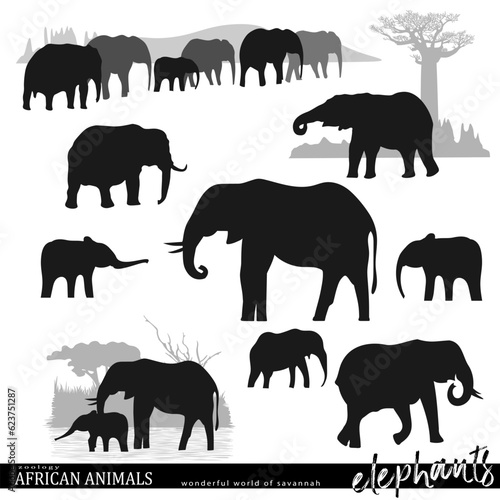Elephant silhouettes set with wildlife scenes. African savannah animals. Vector illustration.