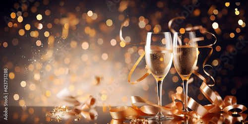 Champagne glasses with golden champagne on a dark background and golden bokeh. Happy new year, birthday, holiday or wedding greeting card with copy space. AI generated.