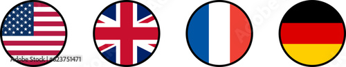 Set of Country Flags including USA United States of America  UK United Kingdom  France and Germany in Circle with Contour Outline. Vector Image.