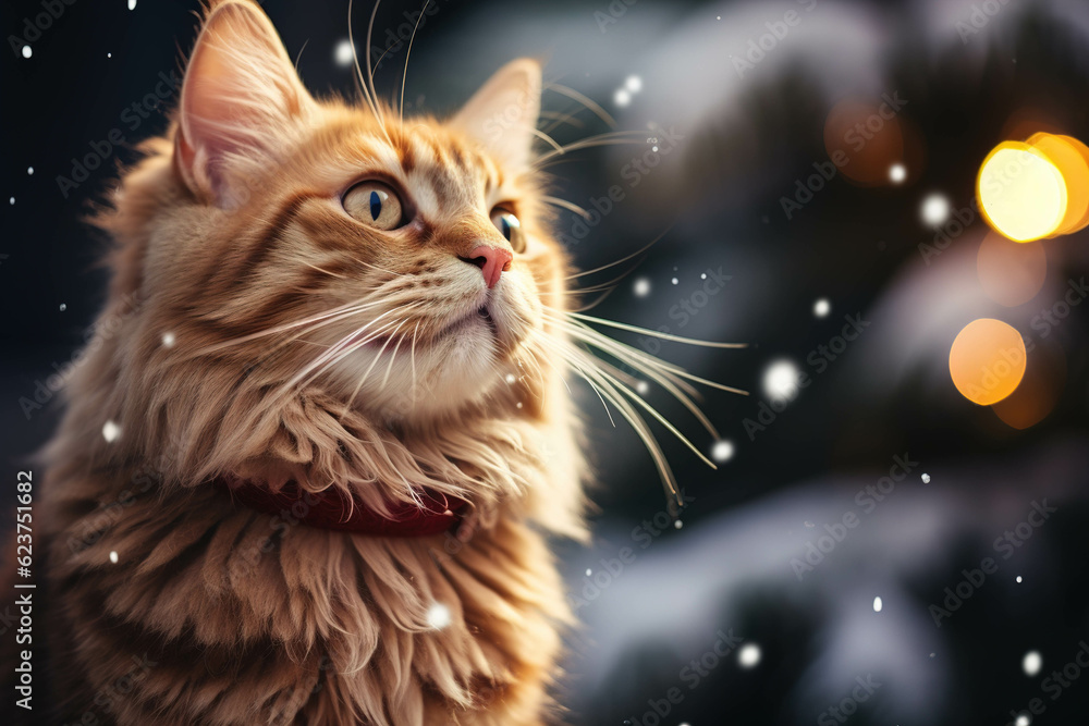 Ginger cat on snowy xmas night looking away outdoors, copy space Ginger cat on snowy xmas night looking away outdoors, copy space
