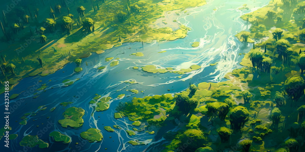 aerial view of a river delta with lush green vegetation and winding waterways Generative AI