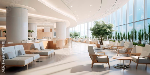 Detailed interior shots of a modern hospital lobby, showcasing the sleek design, comfortable seating areas, and welcoming atmosphere. Generative AI © Лилия Захарчук