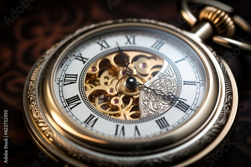 Macro shot of an antique pocket watch, focus on the minute hand