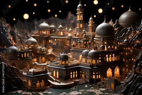 Oriental City by Night with Shining Stars, Hawamahal, Jaipur, Paper Quilling, AI generated