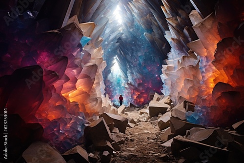 Majestic, illuminated crystal cave with rare gem formations