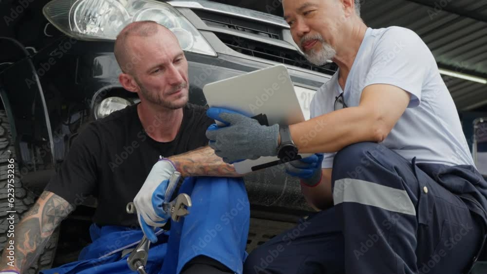 A car mechanic sitting down on the ground in front of a car listening and talking to his supervisor who holding a computer tablet A car mechanic sitting down on the ground in front of a car listening and talking to his supervisor who holding a computer tablet