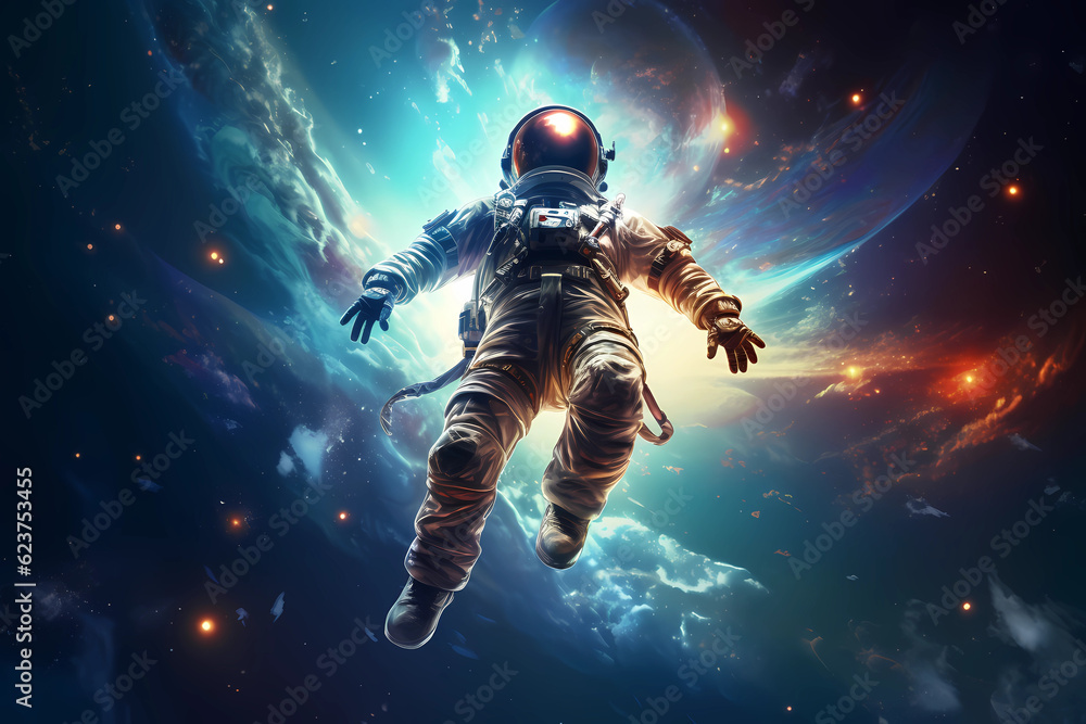 Fototapeta premium Illustration of an astronaut floating weightlessly in the vastness of space, surrounded by stars and planets