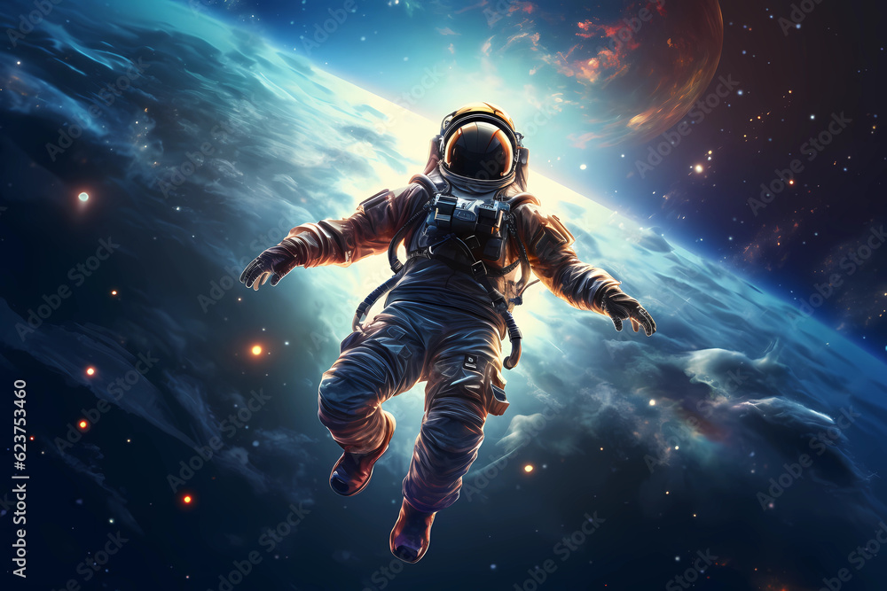 Illustration of an astronaut floating weightlessly in the vastness of space, surrounded by stars and planets
