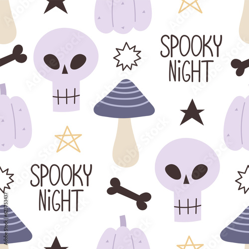 Halloween seamless pattern with cartoon skull  mushroom  decoration elements. Colorful vector flat style. holiday theme. hand drawing. design for fabric  print  wrapper  textile