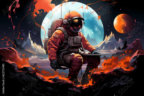 Illustration of an astronaut floating weightlessly in the vastness of space, surrounded by stars and planets © jamestam