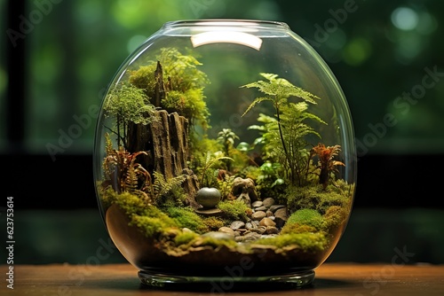 Miniature ecosystem inside a delicately arranged terrarium