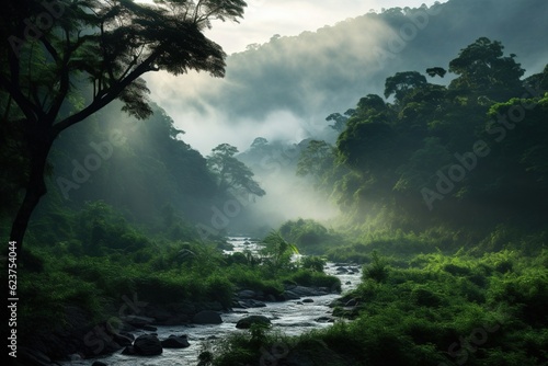 Misty fog rising from a lush  green  ancient forest at dawn