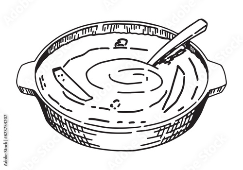 Sketch of bowl of pumpkin porridge. Doodle of autumn season food. Hand drawn vector illustration. Single clip art isolated on white background.