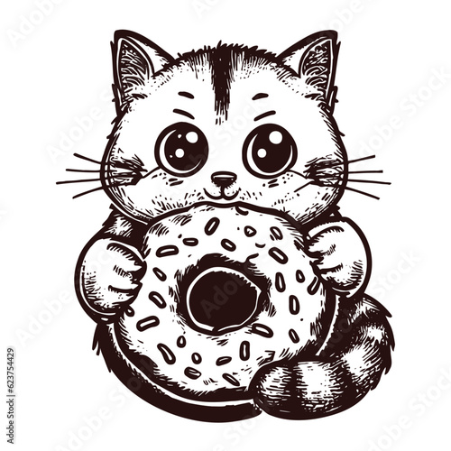 cute cat with a donut cartoon sketch