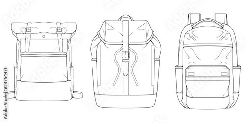 Hand drawn Vector Set of Backpacks. Cartoon Casual Backpack, cool backpack sketch . Backpacks Vector illustration.