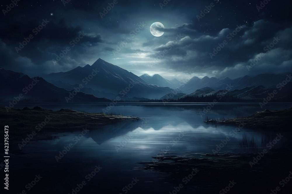 Moonlight reflecting off a tranquil lake, surrounded by shadowy hills