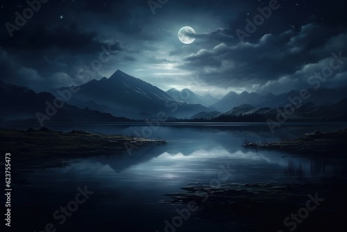 Fotografiet Moonlight reflecting off a tranquil lake, surrounded by shadowy hills