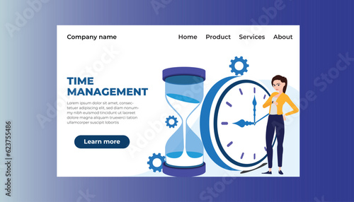 Vector Cartoon Woman Character Standing in Front of Clock. Landing Page Template.