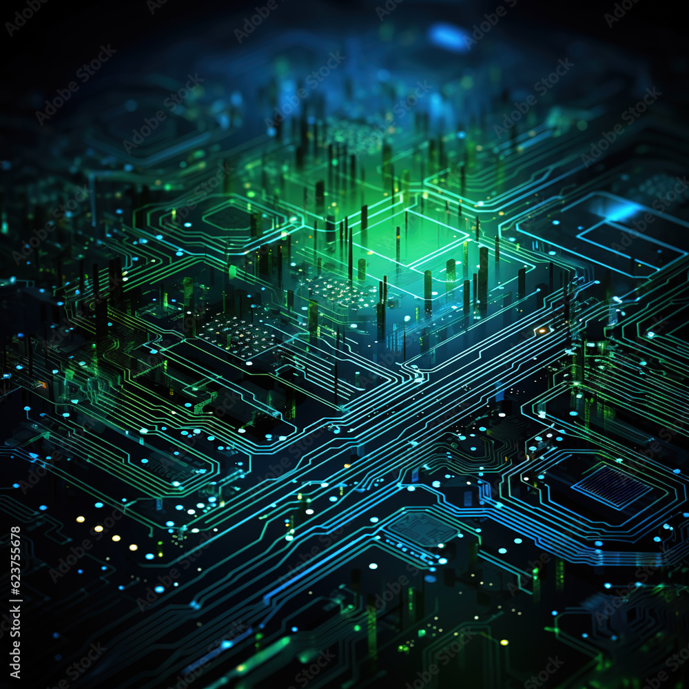 Close-up of electronic circuit board. illustration style, Technology and science background., Generative AI illustration