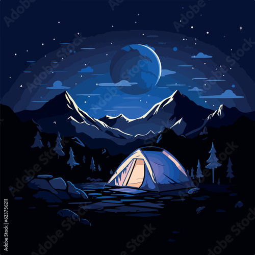 Night camp site under the starry sky flat design