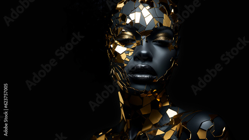 Afroamerikanisches Model Gesicht mit Gold Taping Mosaik Muster im Gesicht Nahaufnahme, ai generativ