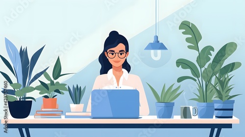 girl with laptop sitting. Freelance or studying concept.