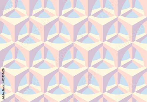 Seamless vector 3D geometric pattern with optical illusions. Op Art. Modern pastel color template for wrapping, cards, fabric, packing. Endless background. Wallpapers. 3D Tile