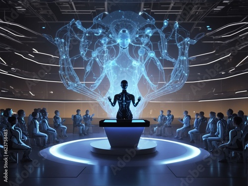 The AI is depicted as an avatar composed of fluid lines and glowing circuits, giving it a futuristic and technological appearance, generated with ai 