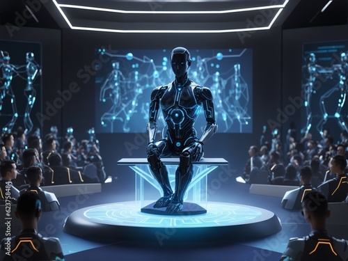 a room with a large audience seated in front of a podium. Standing at the podium is a robot , generated with ai