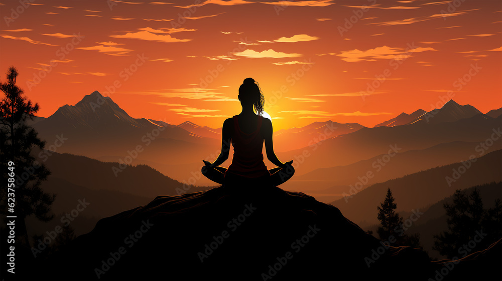 Silhouette of a woman practicing yoga on a beautiful sunset, healthy living, breathing and meditation Silhouette of a woman practicing yoga on a beautiful sunset, healthy living, breathing and meditation