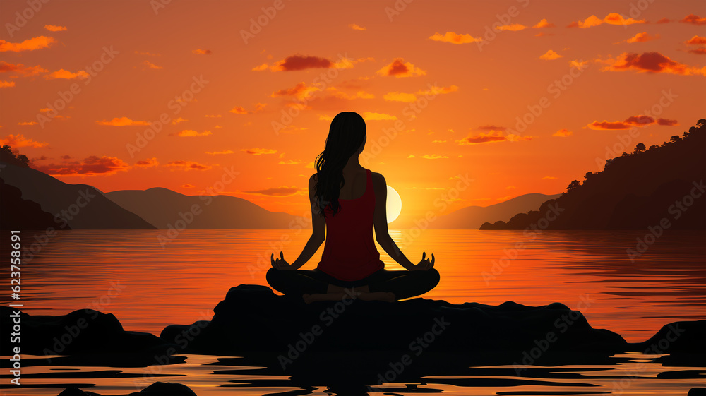 Silhouette of a woman practicing yoga on a beautiful sunset, healthy living, breathing and meditation