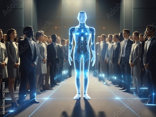 a man standing in front of a group of people, a hologram by Joseph Werner, shutterstock, digital art, futuristic robot body, humanoid body, robotic body , generated ai