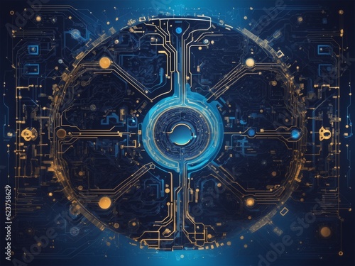 a close up of a circuit board on a blue background, a digital rendering shutterstock, digital art, quantum technology, cyber background, abstract art representing data , generated ai