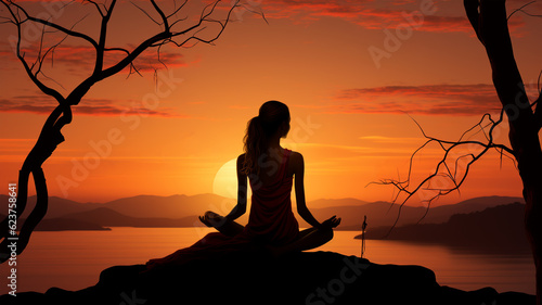 Silhouette of a woman practicing yoga on a beautiful sunset, healthy living, breathing and meditation