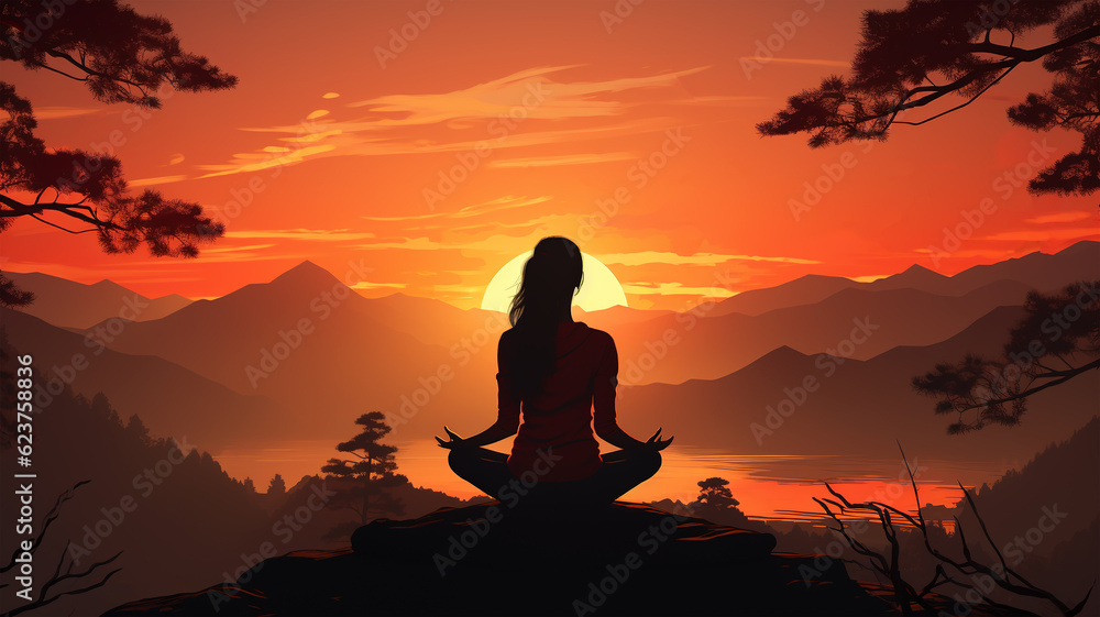 Silhouette of a woman practicing yoga on a beautiful sunset, healthy living, breathing and meditation