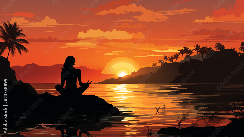 Silhouette of a woman practicing yoga on a beautiful sunset, healthy living, breathing and meditation