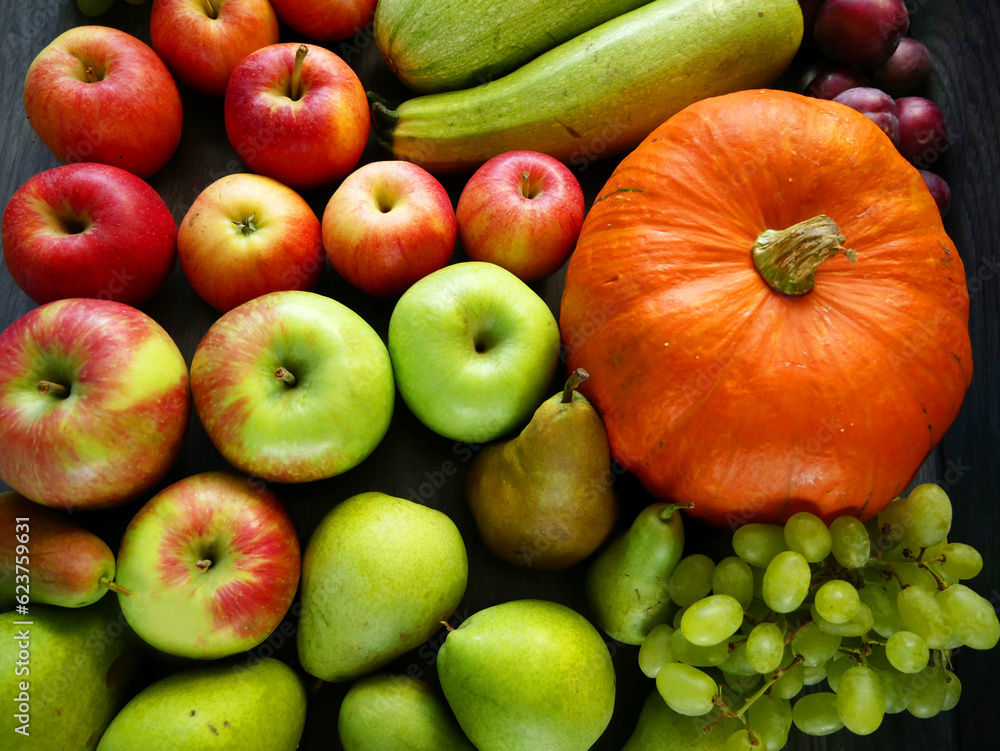 many different fruit and vegetables, green grocery shop, healthy fresh colored fruits and vegetables background delivery concept many different fruit and vegetables, green grocery shop, healthy fresh colored fruits and vegetables background delivery concept