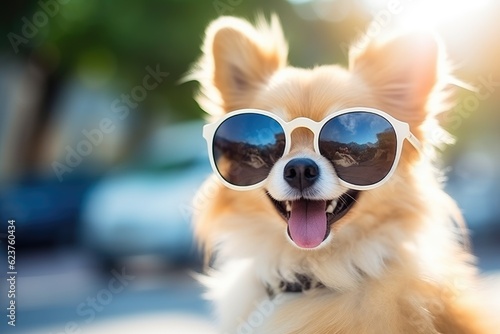 Dog in sunglasses takes on the role of a human on vacation © YouraPechkin