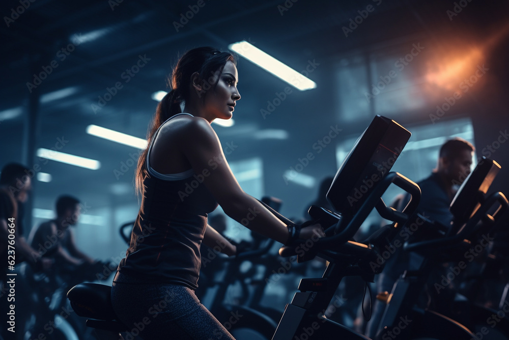 Φωτογραφία Viele Menschen im Fitnesscenter machen Sport an Geräten mit schöner Lichtstimmun