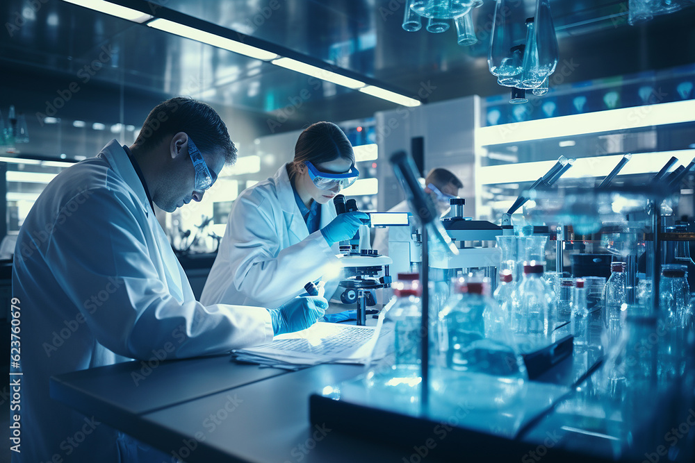 Several people in the process of working in a modern pharmaceutical laboratory. Research and creation of innovative drugs to improve the standard of living of people. Several people in the process of working in a modern pharmaceutical laboratory. Research and creation of innovative drugs to improve the standard of living of people.