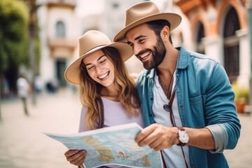 a girl and a man are walking around the old city, looking at the map. happy travel concept. generative ai.