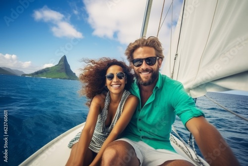 Obraz na płótnie a girl and a man rest on a yacht in the ocean near an island. happy travel concept. generative ai. w salonie