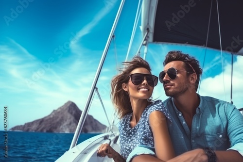 a girl and a man rest on a yacht in the ocean near an island. happy travel concept. generative ai. © robertuzhbt89