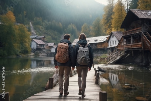 a girl and a man in mountain boots are walking along a path in a mountain village near a forest. travel concept. generative ai.