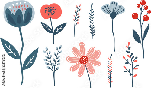Vector set of plants and flowers in Scandinavian style. Plants in doodle style raid background. Vector illustration