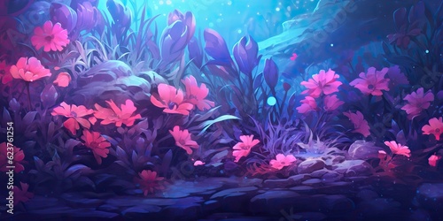 AI Generated. AI Generative. Violet purple blue pink flowers plant foilage meadow field of bloom wild beautiful decoration landscape background. Graphic Art © Graphic Warrior
