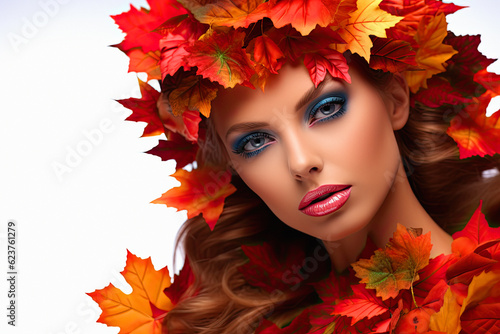 Woman Portrait with autum leaves outfits in natural vivid autumn colors. ai generative