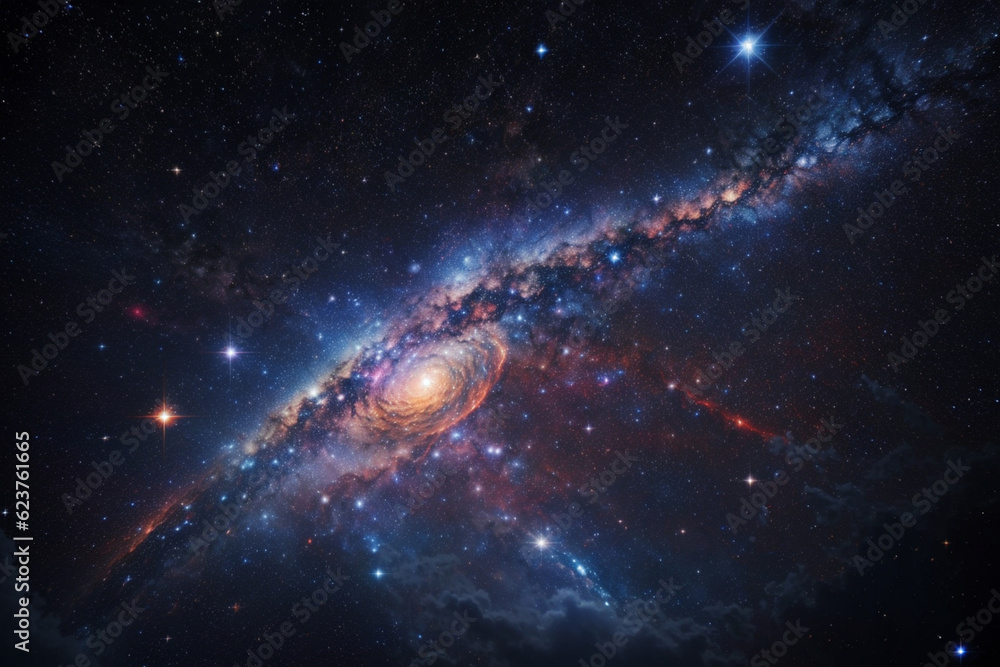 Fototapeta premium Colorful space galaxy cloud nebula. Stary night cosmos. Universe science astronomy. Supernova background wallpaper. Generative Al