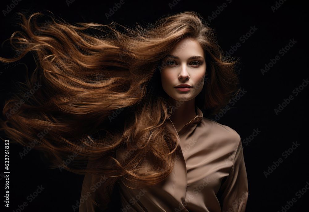Young woman with long hair being blown by the wind on a black background. Generative AI. Young woman with long hair being blown by the wind on a black background. Generative AI.