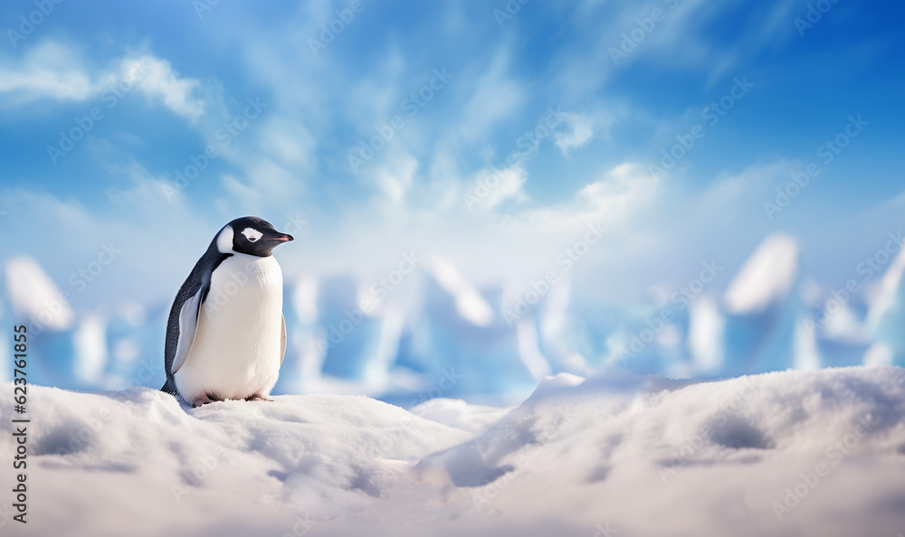 Super cute penguin on winter landscape, snowy winter wonderland, Emperor Penguin with copy space